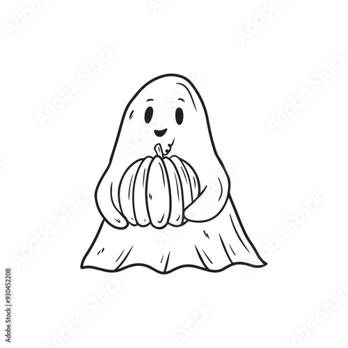 Cute nice smiling ghost spook is holding pumpkin in black isolated on white background. Hand drawn vector sketch illustration in doodle engraved vintage line art style. Happy Halloween symbol.