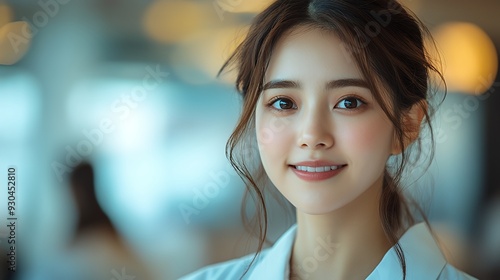 Free Download A young woman with long brown hair smiles at the camera. Her hair is pulled back in a simple style. - GFXLoad