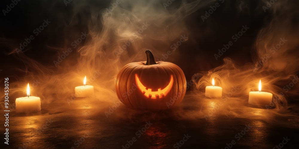 Naklejka premium Spooky Halloween Pumpkin with Candles created by ai
