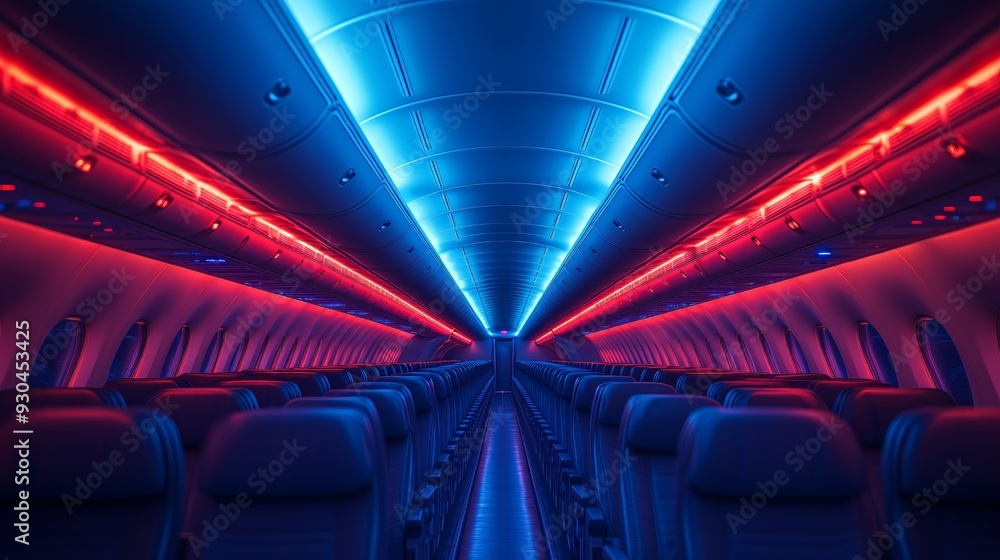 Fototapeta premium Modern and futuristic airplane cabin interior illuminated by ambient blue and red LED lights.