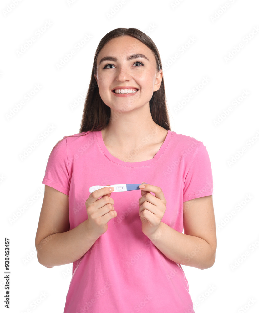 Happy woman holding pregnancy test on white background Happy woman holding pregnancy test on white background
