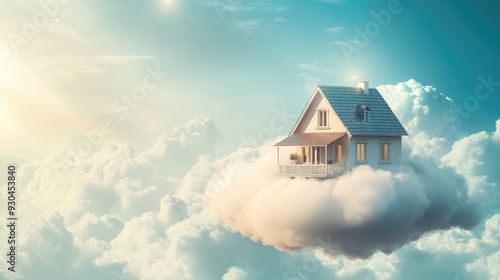 A cozy, dreamlike house on a white cloud, floating high above, with a blue sky and sunlight filtering through the clouds.