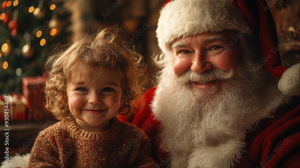 Happy little child sitting on Santa's lap with few presents around and Christmas tree in the background Happy little child sitting on Santa's lap with few presents around and Christmas tree in the background