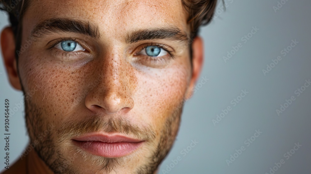 Fototapeta premium Closeup portrait of a handsome white man fashion model with natural makeup and skincare. Beauty & skin products, Copy space