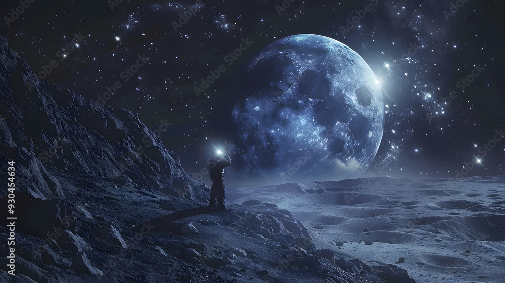 A alien standing on a planet contacting with his spaceship with special device which is looking like a mobile. A alien standing on a planet contacting with his spaceship with special device which is looking like a mobile.