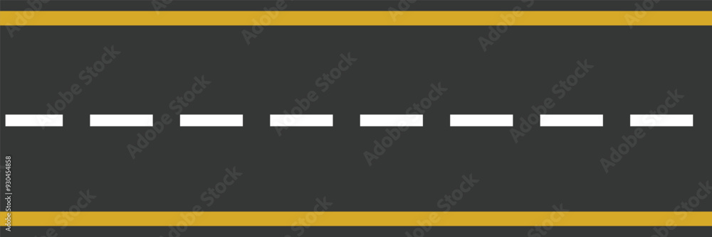 Seamless empty straight road pattern with single yellow dashed line and white solid lines road marking. Asphalt road top aerial view in flat style design. Vector illustration Seamless empty straight road pattern with single yellow dashed line and white solid lines road marking. Asphalt road top aerial view in flat style design. Vector illustration