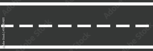 Seamless empty straight road pattern with single yellow dashed line and white solid lines road marking. Asphalt road top aerial view in flat style design. Vector illustration