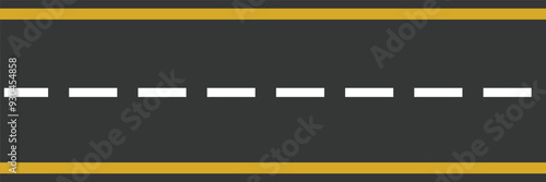 Seamless empty straight road pattern with single yellow dashed line and white solid lines road marking. Asphalt road top aerial view in flat style design. Vector illustration