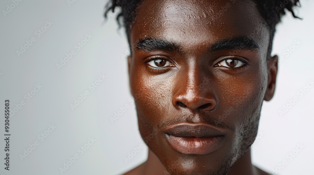 Closeup portrait of a handsome black man fashion model with natural makeup and skincare. Beauty & skin products, Copy space Closeup portrait of a handsome black man fashion model with natural makeup and skincare. Beauty & skin products, Copy space