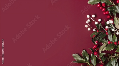 horizontal image of a Christmas mistletoe on anisolated dark red background with copy space for text. Copy space for text. For banner, design, social media, blog, cover, wallpaper, thumbnail, youtube, photo