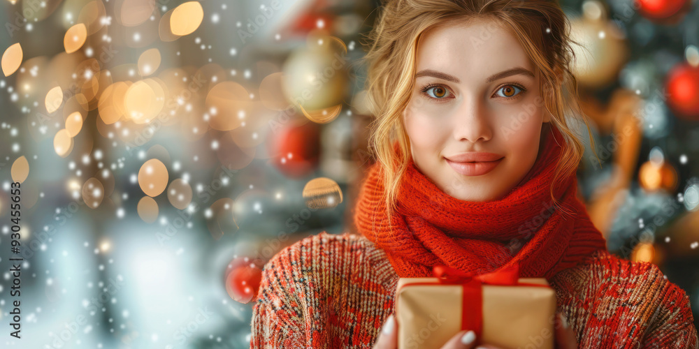 A young woman in a cozy red scarf holding a gift box against a festive, blurred Christmas background with lights and snow. A young woman in a cozy red scarf holding a gift box against a festive, blurred Christmas background with lights and snow.