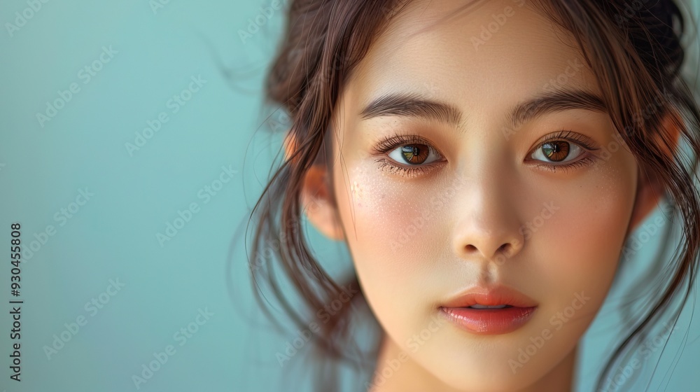 Fototapeta premium Closeup portrait of a beauty korean woman fashion model with natural makeup and skincare. Beauty & skin products, Copy space