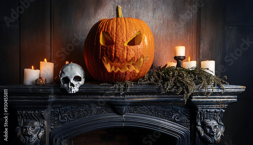 halloween background space text featuring spooky pumpkin old skull ancient gothic fireplace evoking themes witchcraft magic photo