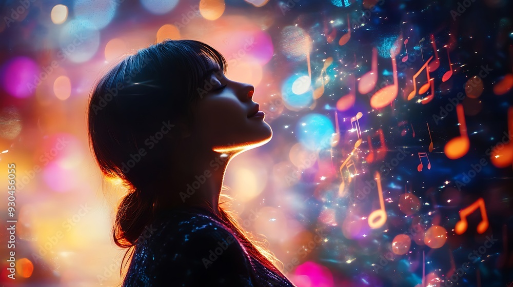 Melodic Reflections: Girl Surrounded by Floating Music Notes on Concert Stage, Symbol of Musical Creativity and Expression. Side View with Harmonic Blur Effect. Melodic Reflections: Girl Surrounded by Floating Music Notes on Concert Stage, Symbol of Musical Creativity and Expression. Side View with Harmonic Blur Effect.