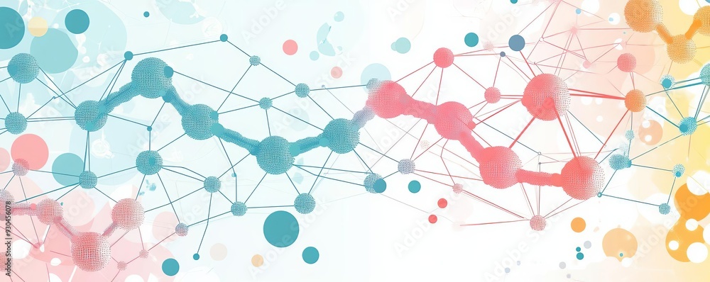 Genetics background, interconnected nodes, bright tones, flat design illustration Genetics background, interconnected nodes, bright tones, flat design illustration