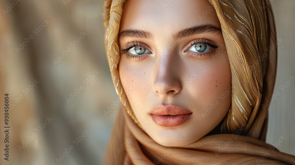 Closeup portrait of a beauty hijab woman fashion model with natural makeup and skincare. Beauty & skin products, Copy space Closeup portrait of a beauty hijab woman fashion model with natural makeup and skincare. Beauty & skin products, Copy space