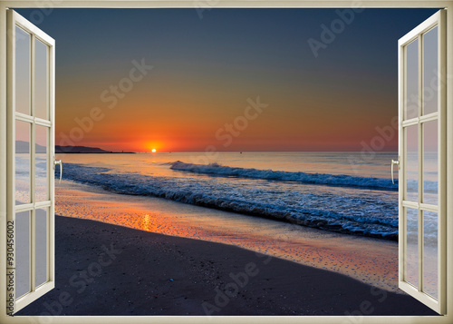 Obraz na płótnie Open window | Window view | Sunset at the sea | Beach sunrise | Landscape | Nature | Calm w salonie