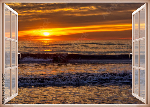 Obraz na płótnie Open window | Window view | Sunset at the sea | Beach sunrise | Landscape | Nature | Calm w salonie
