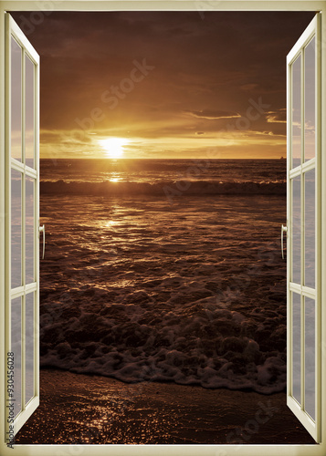 Obraz na płótnie Open window | Window view | Sunset at the sea | Beach sunrise | Landscape | Nature | Calm w salonie