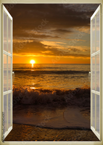 Obraz na płótnie Open window | Window view | Sunset at the sea | Beach sunrise | Landscape | Nature | Calm w salonie