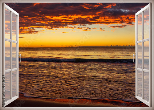 Obraz na płótnie Open window | Window view | Sunset at the sea | Beach sunrise | Landscape | Nature | Calm w salonie