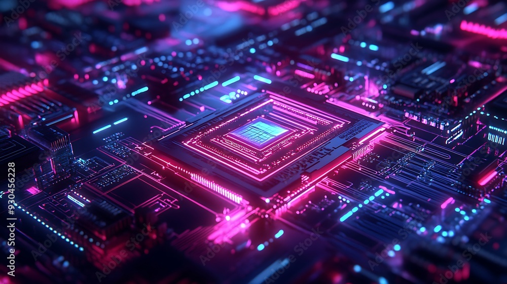 Close-up of a glowing computer motherboard with a central processor Close-up of a glowing computer motherboard with a central processor