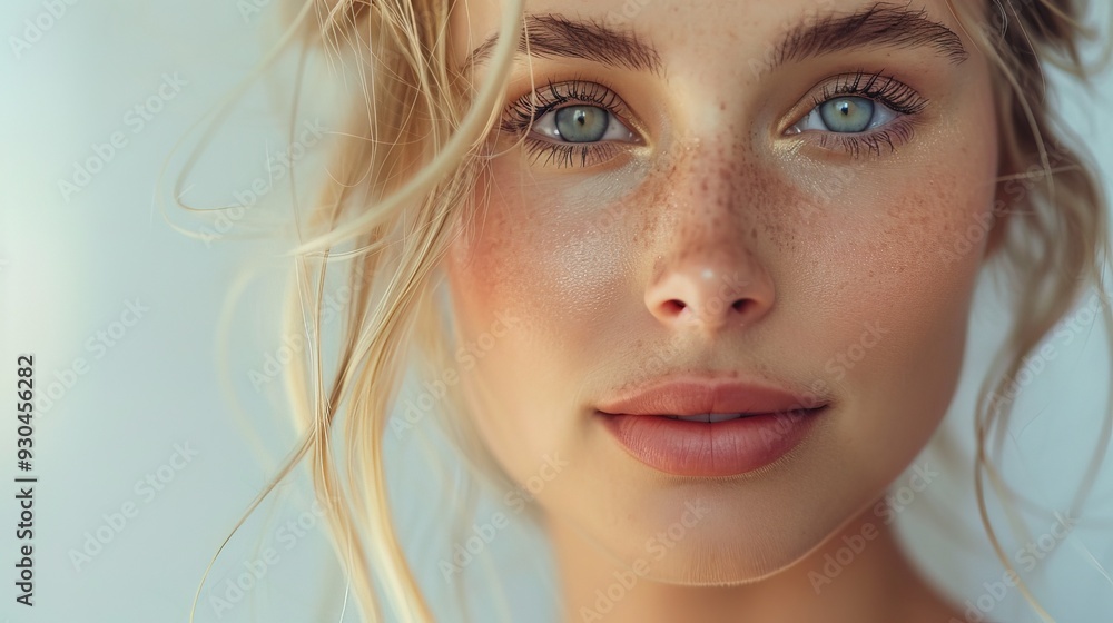 Closeup portrait of a beauty blonde woman fashion model with natural makeup and skincare. Beauty & skin products, Copy space Closeup portrait of a beauty blonde woman fashion model with natural makeup and skincare. Beauty & skin products, Copy space