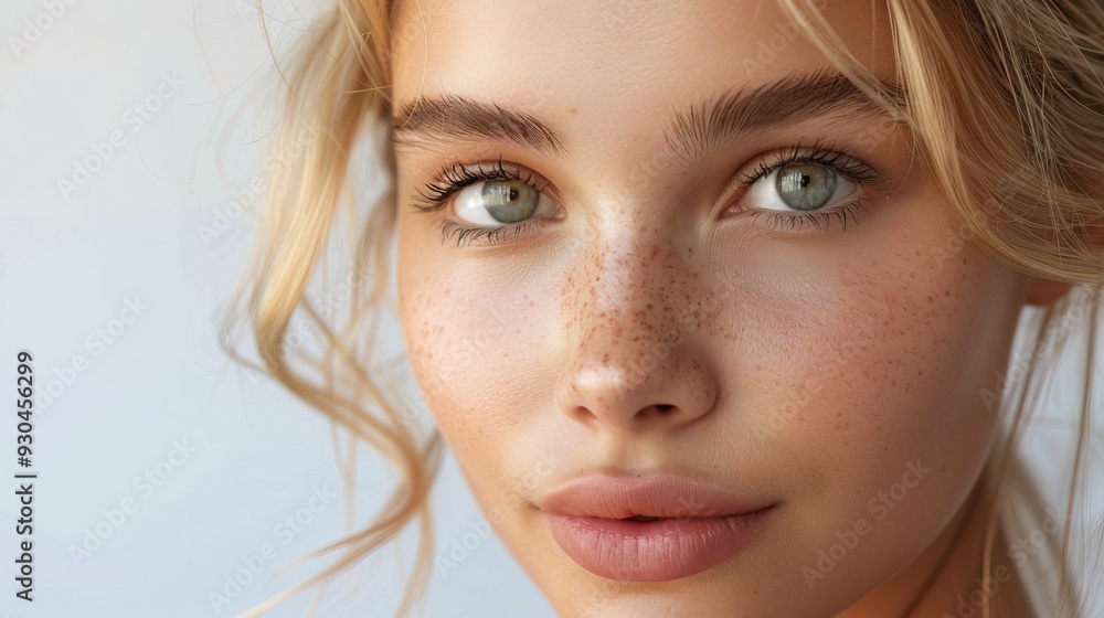 Naklejka premium Closeup portrait of a beauty blonde woman fashion model with natural makeup and skincare. Beauty & skin products, Copy space