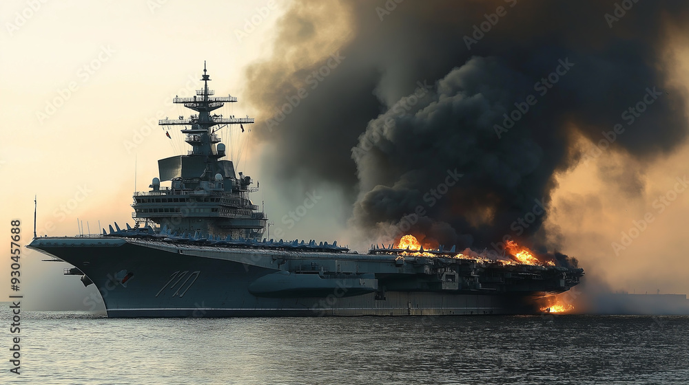 A Russian aircraft carrier on fire with black smoke billowing into the air. A Russian aircraft carrier on fire with black smoke billowing into the air.
