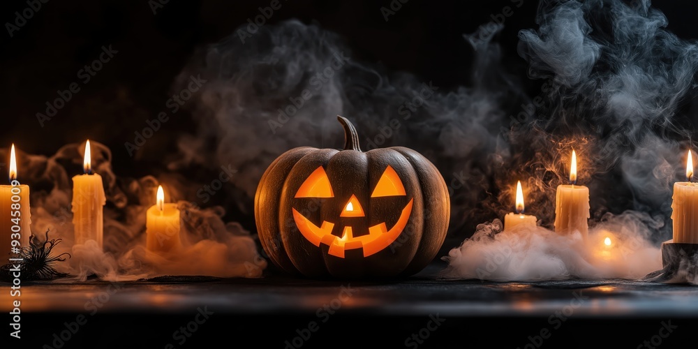 Naklejka premium Spooky Halloween Pumpkin with Candles created by ai