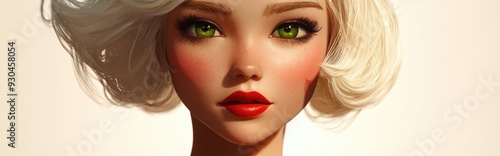 3D cartoon character of a white blonde woman with makeup green eyes and red lipstick