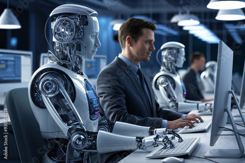 Futuristic Office Collaboration Between Humans and AI Robots