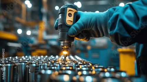 Worker using a cordless drill to assemle metal parts, showcasing the power and convenience of modern industrial tools. photo