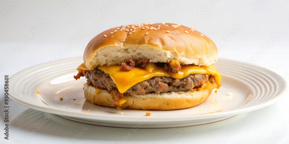 Close up of a half-eaten cheeseburger on a white plate, showcasing fast food indulgence Close up of a half-eaten cheeseburger on a white plate, showcasing fast food indulgence
