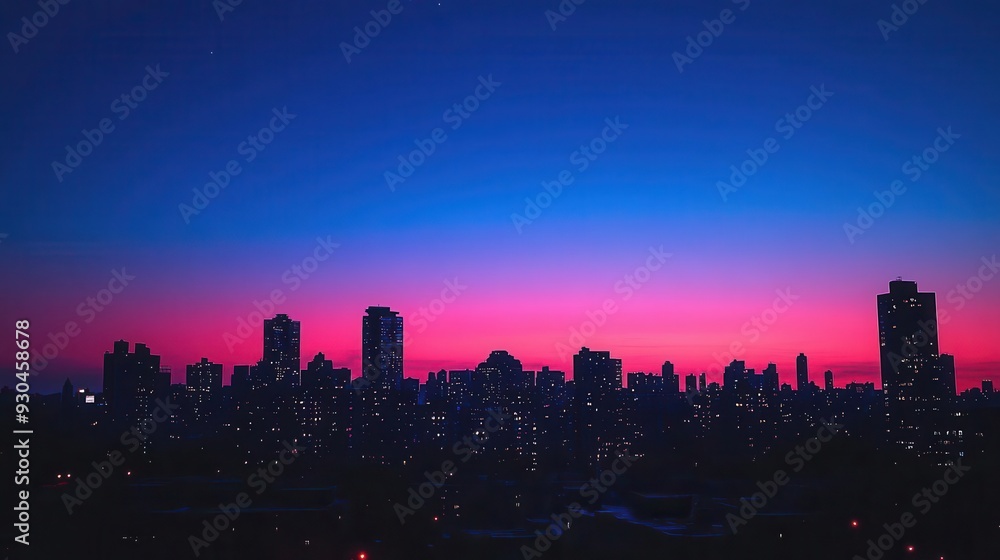Silhouette of city skyline against a vibrant pink and blue sunset. Silhouette of city skyline against a vibrant pink and blue sunset.
