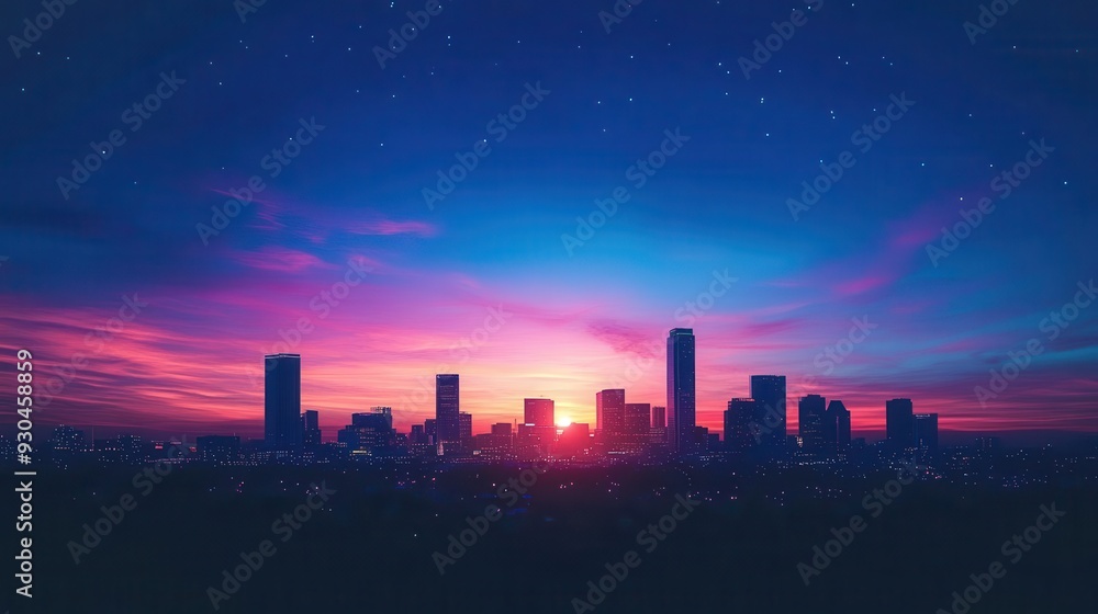 Silhouette of a city skyline at dusk with a vibrant purple and pink sky. Silhouette of a city skyline at dusk with a vibrant purple and pink sky.