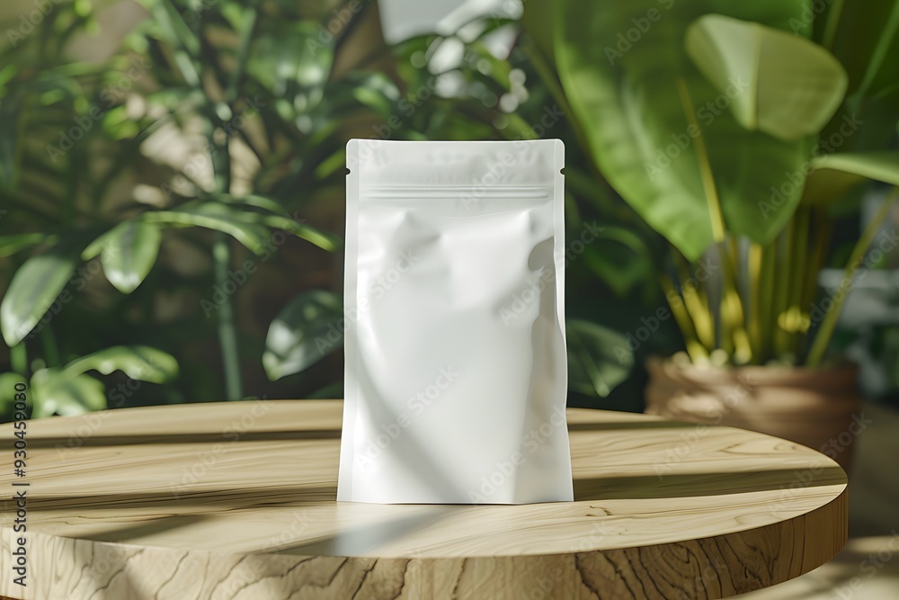 Mock up of a paper bag or pouch placed on a round, wooden table. The bag serves as packaging Mock up of a paper bag or pouch placed on a round, wooden table. The bag serves as packaging