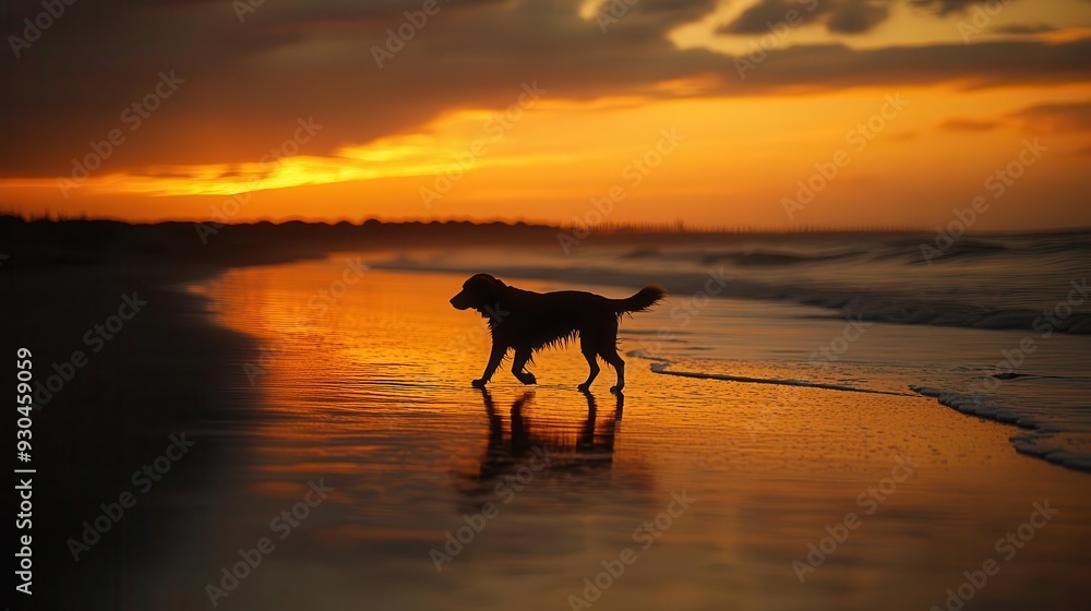 Silhouette of a dog walking on the beach at sunset. Silhouette of a dog walking on the beach at sunset.