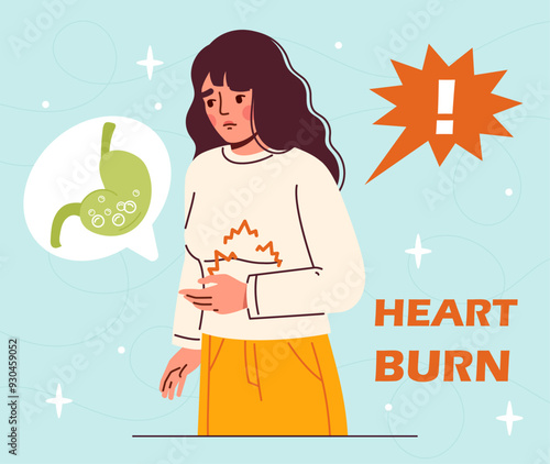 Woman with heartburn. Young girl holds her stomach with her hand. Person with food poisoning. Irritation and inflammation. Health and medicine. Flat vector illustration isolated on blue background
