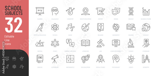 School Subjects Line Editable Icons set. Vector illustration in modern thin line style of community space related icons: lounge zone, parking, playground, spa, and more. Pictograms and infographics
