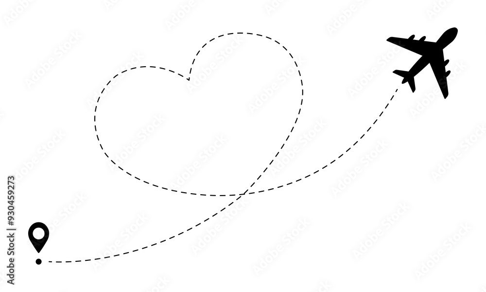 Airplane line path routes. Air plane flight route with heart shaped trace line isolated on white background. Icon with plane, destination and route of fly. Vector illustration. Airplane line path routes. Air plane flight route with heart shaped trace line isolated on white background. Icon with plane, destination and route of fly. Vector illustration.