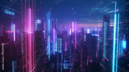 Neon lights illuminate a futuristic cityscape, with towering buildings and digital streams connecting them.