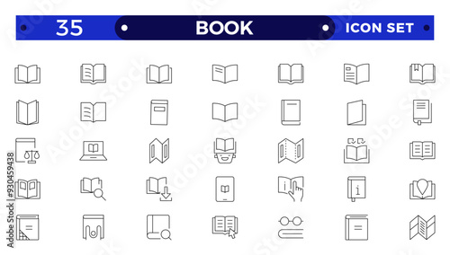 book icon set education study reading learning language skill Outline icon. Book line icons set. Open brochure, magazine, literature, dictionary, audiobook, learning, education, information.