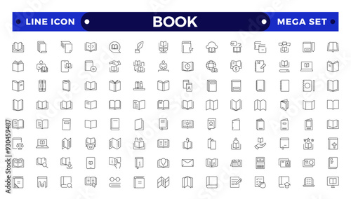 book icon set education study reading learning language skill Outline icon. Book line icons set. Open brochure, magazine, literature, dictionary, audiobook, learning, education, information.