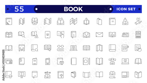 book icon set education study reading learning language skill Outline icon. Book line icons set. Open brochure, magazine, literature, dictionary, audiobook, learning, education, information.