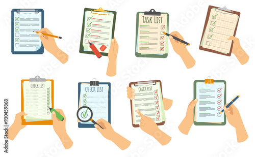 Hand holding checklist on clipboard. Task inspection or requirements lists with tick mark in checkbox. Check marks on agenda list, tasks marked done and survey or testing papers cartoon vector set.