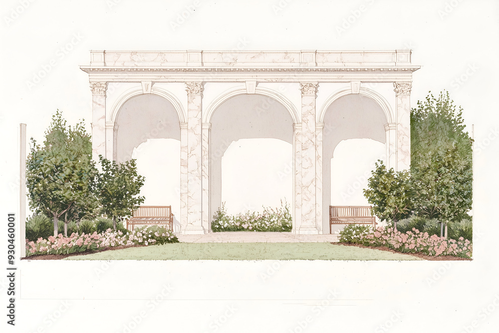 Fototapeta premium Architectural Watercolor Illustration of Garden Pavilion with Bench