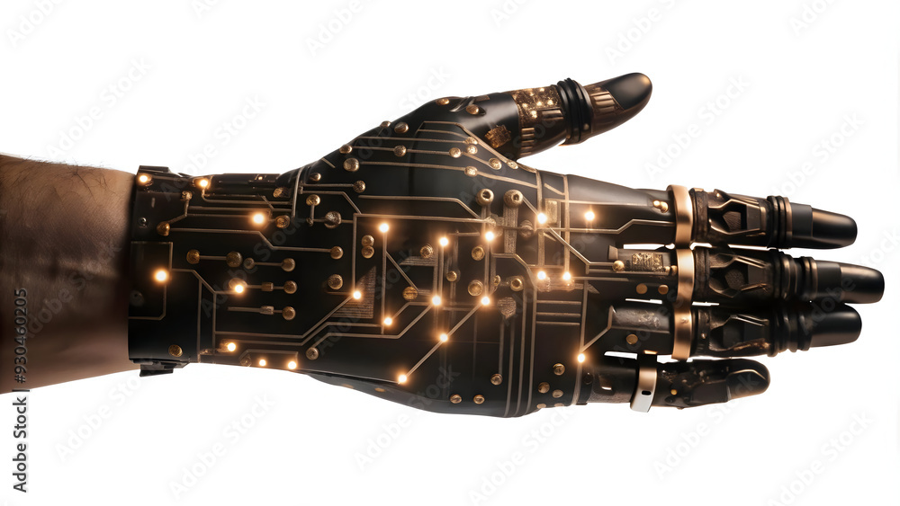 Naklejka premium Abstract Vector Illustration of Smart Robotic Hand with Glowing Digital Circuits - AI Driven Automation and Precision in Robotics Concept in Simple Flat Design - Business Technology Theme