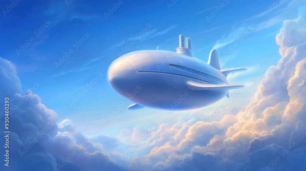 A large white submarine flying through the clouds in a blue sky, AI A large white submarine flying through the clouds in a blue sky, AI
