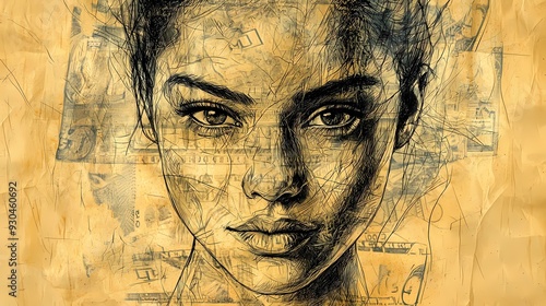 Wallpaper Mural Artistic portrait of a confident woman, blending elements of currency and sketch art, showcasing beauty and strength. Torontodigital.ca